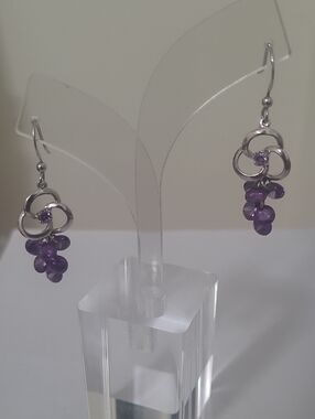 Silver Purple  Grapes Cluster Drop Earrings